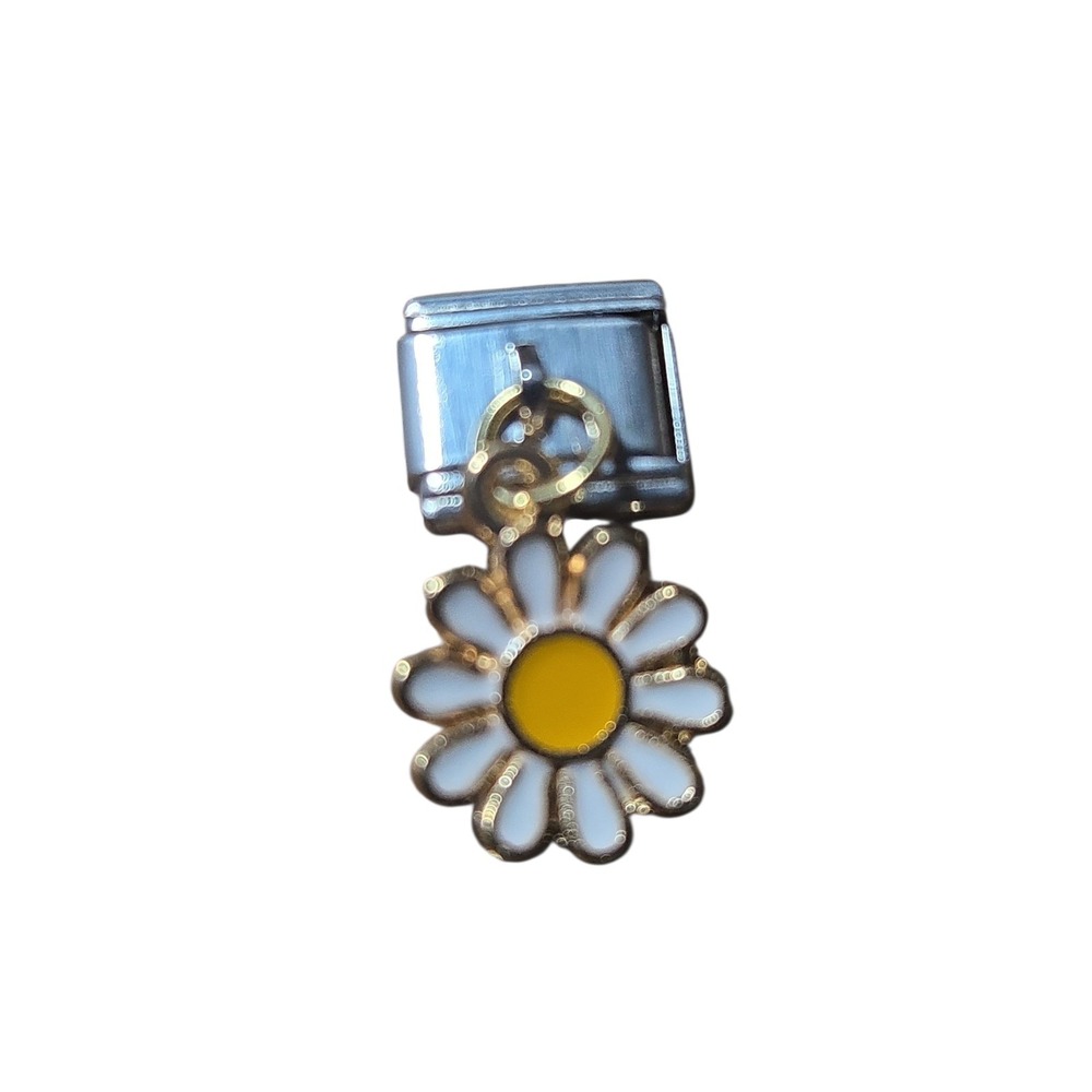 Italian Charm Bracelet Link - White Daisy Dangle Enamel Flower Fits 9MM